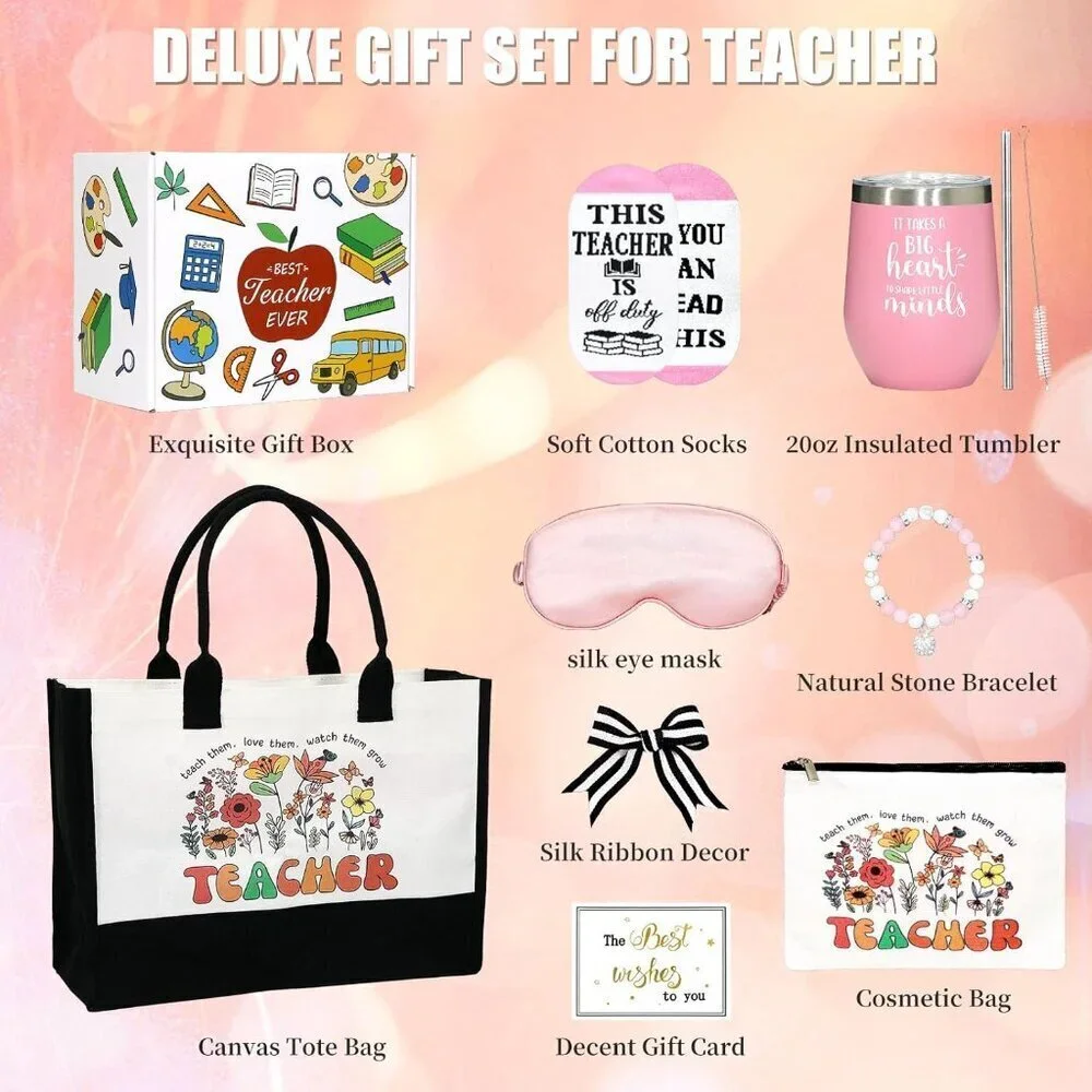 Teacher Appreciation Gift Set Canvas Tote Bag Cosmetic Pouch Thermos